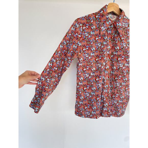 Vintage 70s Land N Sea Floral Button Up Collared Shirt Cotton Sz 34 S/M Retro - Picture 7 of 13